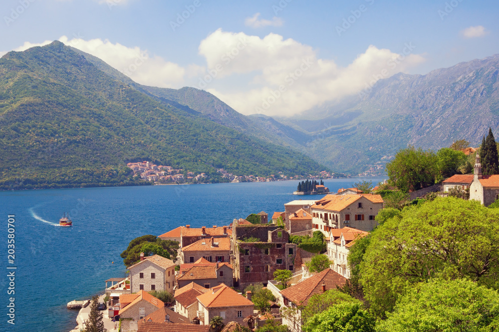 Summer Mediterranean landscape. Montenegro, view of Perast town. Travel, vacation concept