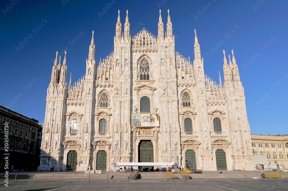 Milan cathedral, Duomo di Milano, marble facade with spires, Spain.