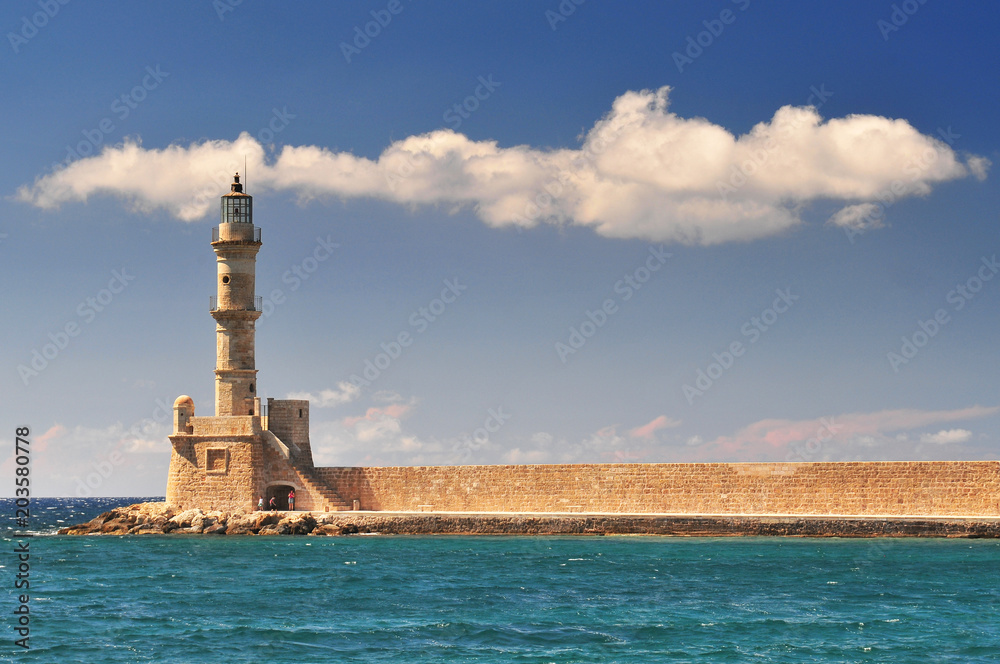 Chania port lighthouse, Crete Island, Greece.
