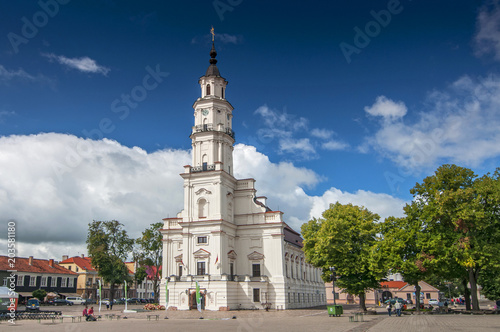 Front view of Town Hall building in town hall square of Kaunas old town.