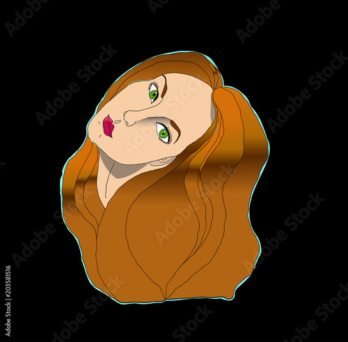 Cute girl illustration on black background. Colored lady with brown long hair.