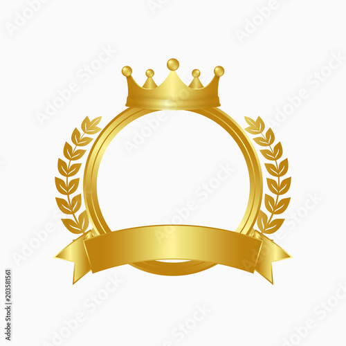 Gold crown, laurel wreath and circle frame. Winner sign with golden ribbon. Vector illustration.