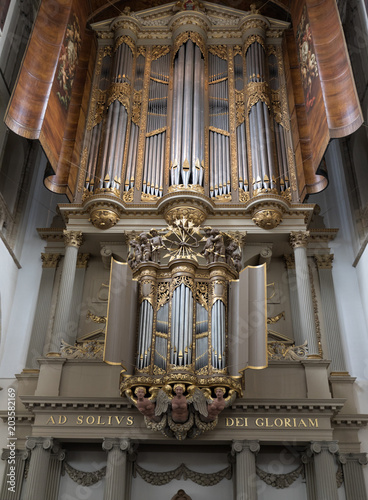 The two organs inside the Church of St. Lawrence (Grote Kerk or Great Church) in Alkmaar, Netherlands..