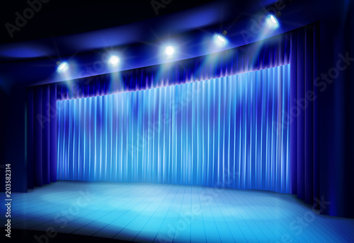 Theater stage with blue curtain. Vector illustration.