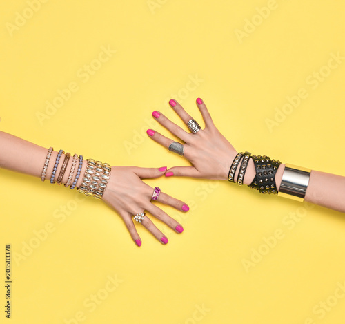 Fashion. Female hand, Trendy Jewelry. Friendship