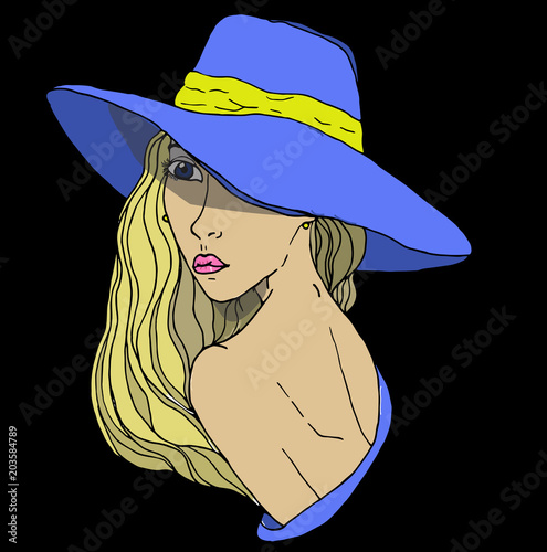 Vector young pretty girl with doodle hairs wearing blue hat. Fashion illustration. Cartoon style girl.