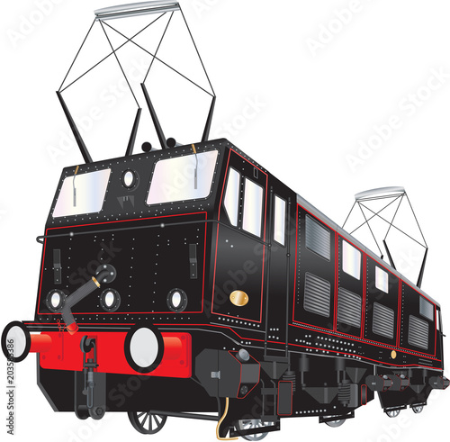 A Vintage Electric Freight Locomotive with black and red livery isolated on white