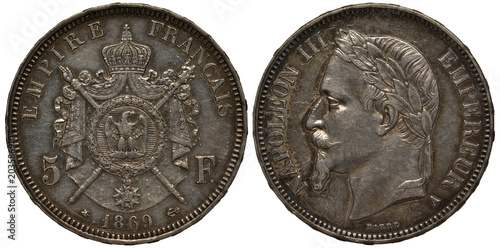 France French silver coin 5 five francs 1869, crowned coat of arms, imperial eagle surrounded by collar of the order in front of two crossed scepters, laureate head of Emperor Napoleon III left,  photo