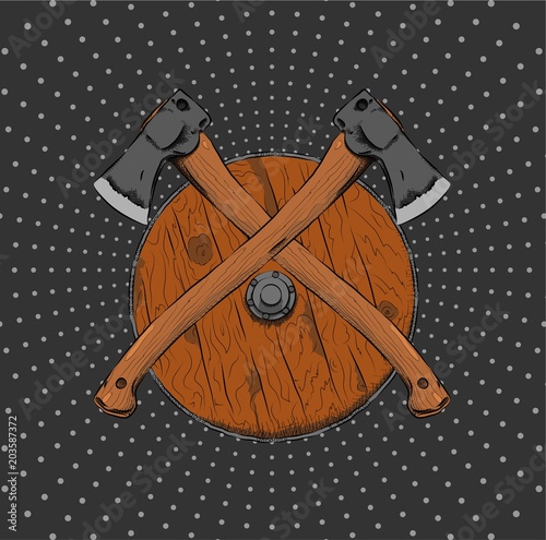 axes against the background of the shield. Can be used for printing on T-shirts, flyers and stuff. Vector illustration