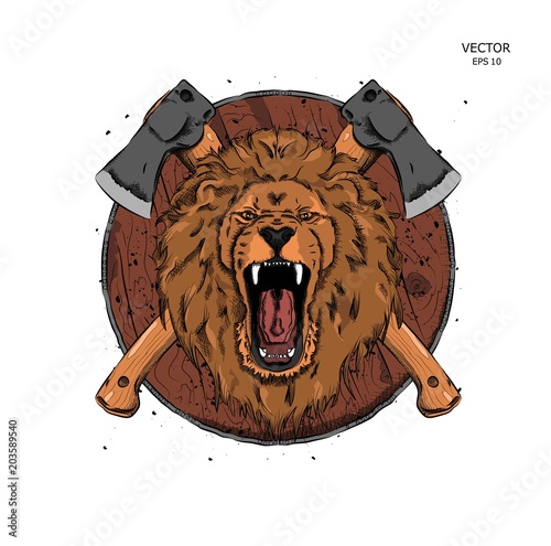 Fototapeta Naklejka Na Ścianę i Meble -  lion against the backdrop of axes. Can be used for printing on T-shirts, flyers and stuff. Vector illustration
