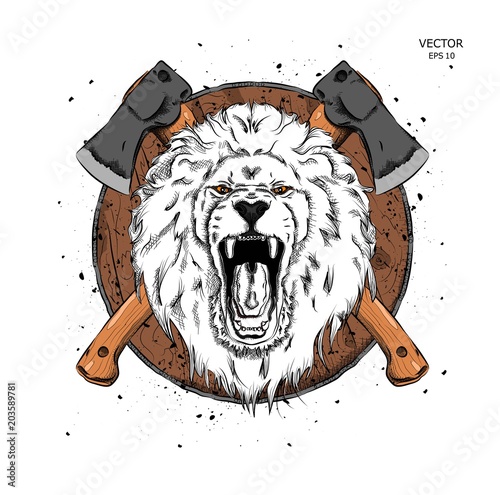 Fototapeta Naklejka Na Ścianę i Meble -  lion against the backdrop of axes. Can be used for printing on T-shirts, flyers and stuff. Vector illustration
