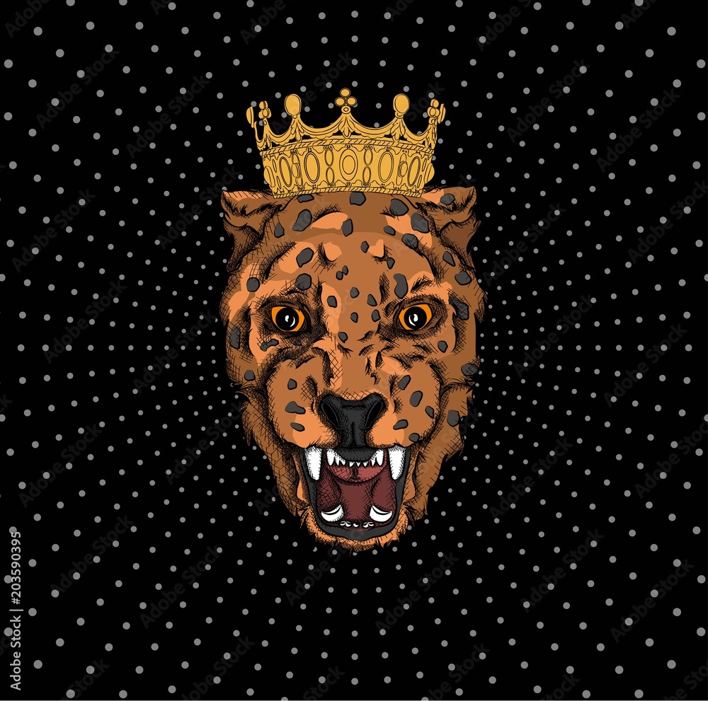 Fototapeta premium portrait of a leopard in the crown. Can be used for printing on T-shirts, flyers and stuff. Vector illustration