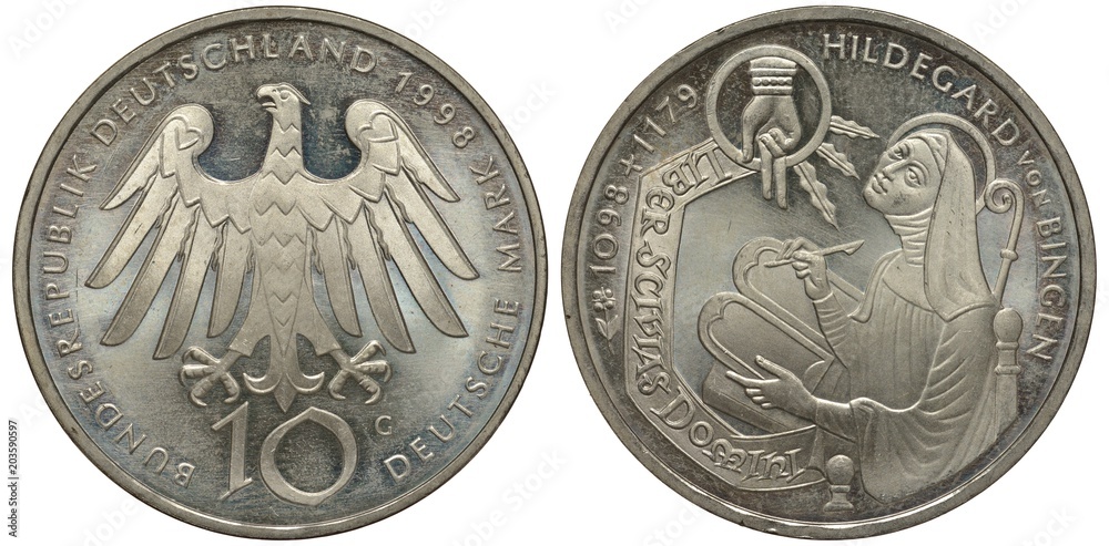 Naklejka premium Germany, German coin ten mark 1998, German eagle over denomination, German poet Hildegard von Bingen, female in medieval dress, silver