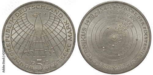 Germany, German coin five mark 1973, stylized German eagle over  denomination, Nikolaus Kopernikus' solar system, sun with planets' circular  orbits, silver, Stock Photo | Adobe Stock