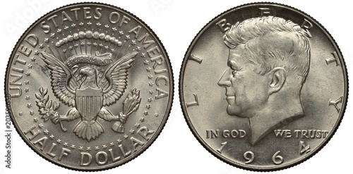 Canvas Print United States coin half dollar 1964, American eagle in circle of stars, olive br