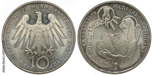 Germany, German coin ten mark 1998, German eagle over denomination, German poet Hildegard von Bingen, female in medieval dress, silver