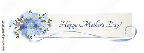 Vergissmeinnicht Blumen zum Muttertag, 
Banner mit „Happy Mother's Day“,
Vektor Illustration isoliert auf weißem Hintergrund 