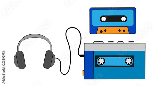 Blue old retro vintage hipster portable music cassette audio player for audio cassettes from the 80's, 90's, audio cassette and headphones on a white background. Vector illustration