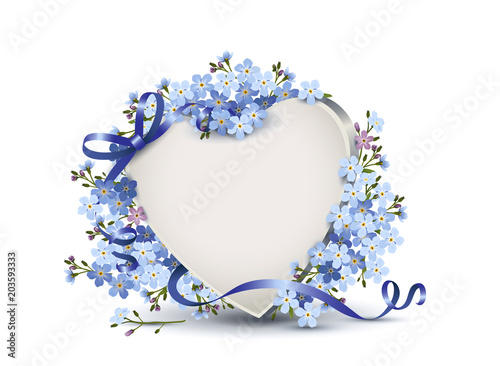 Herz mit Vergissmeinnicht Blumen,
Blanko nostalgische Karte,
Vektor Illustration isoliert auf weißem Hintergrund