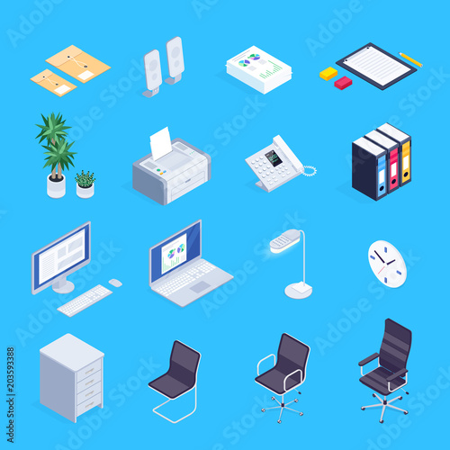 Set of isometric icons of office equipment.