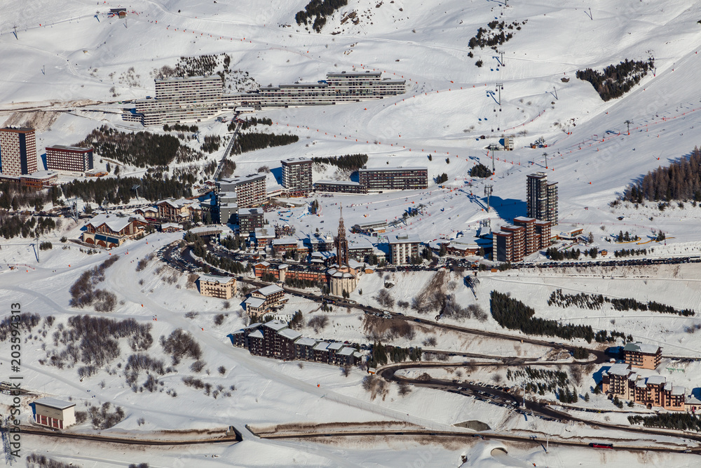 Villages of Les Menuires  at ski resort Val Thorens. French alps in winter