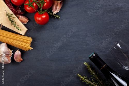 Flat lay with fresh organic products. Traditional ingredients of italian cuisine