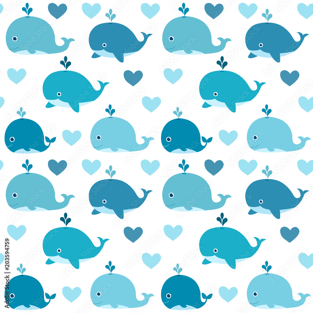 Fototapeta premium Ocean vector seamless pattern with with cute blue whales on white background for kids clothing and textile design