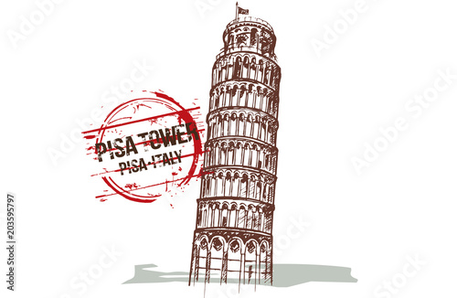 Pisa Tower. Toscana, Italy city design. Hand drawn illustration.