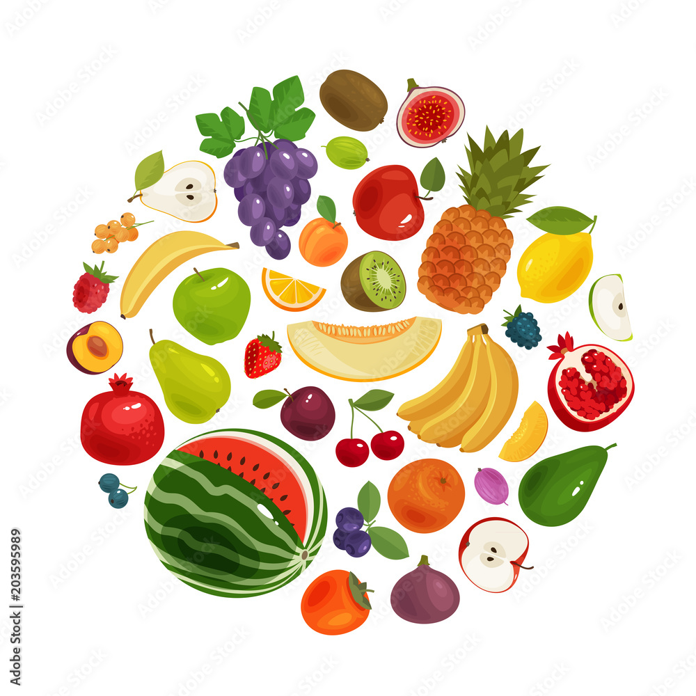 Fruits and berries set of icons. Food concept. Vector illustration Fruits and berries set of icons. Food concept. Vector illustration