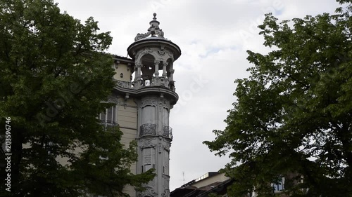 Turin, Italy, Piedmont 21 April 2018. Art Nouveau houses in Turin: Palazzo del Faro Via Palmieri corner via Duchessa Jolanda - Neo-Gothic-Liberty style, by Giovanni Battista Carrera, year 1912. photo