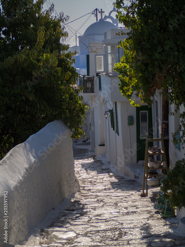 Fototapeta Naklejka Na Ścianę i Meble -  One of the many cobbled streets in the Chora of Amorgos with its shops