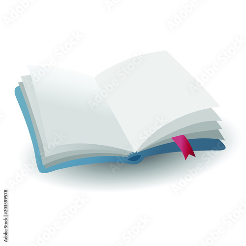 realistic open empty blue book icon with red bookmark with shadow, vector illustration