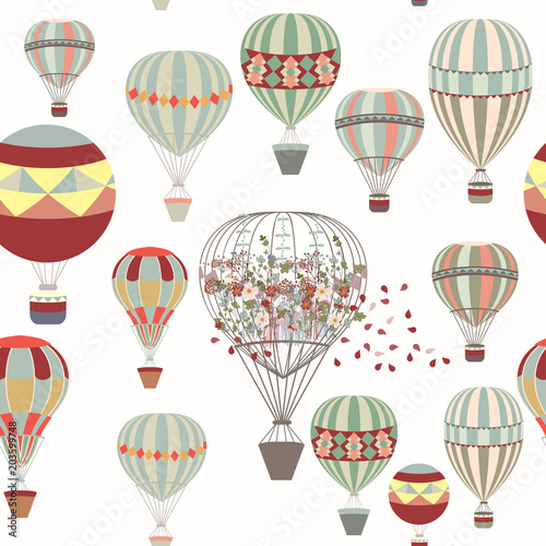 Adventures. Illustration with air balloons in vintage hipster style ideal for fabric patterns