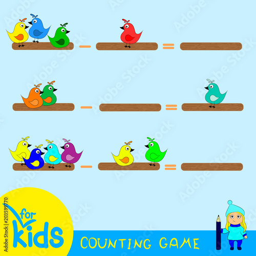 Counting game for children. Examples for subtraction. Colorful birds. 