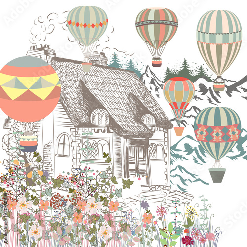 Cute illustration with old European house, garden and air balloons. Boutique banner or card