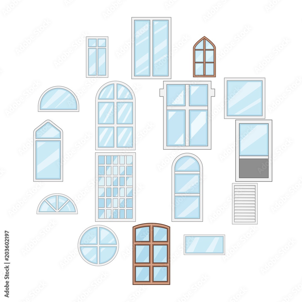 Window design types icons set. Cartoon illustration of 16 window design types vector icons for web