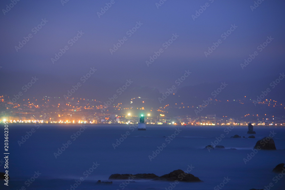 Night view of the beacon in Ria de Vigo, Vigo, Galicia, Spain