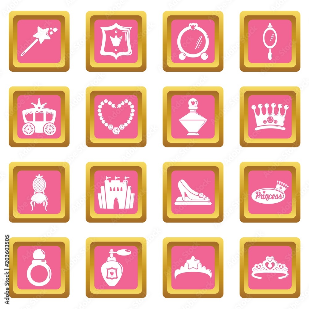 Princess doll icons set vector pink square isolated on white background 