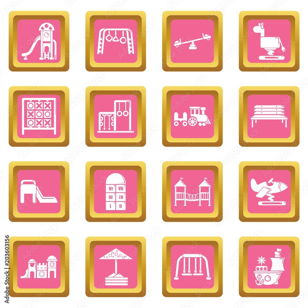 Playground equipment icons set vector pink square isolated on white background Playground equipment icons set vector pink square isolated on white background
