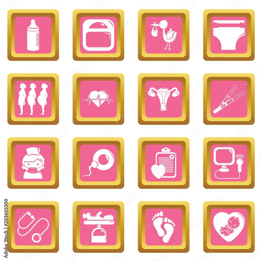 Pregnancy icons set vector pink square isolated on white background Pregnancy icons set vector pink square isolated on white background