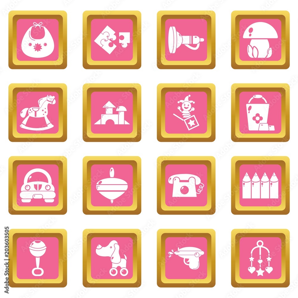 Kindergarten tools icons set vector pink square isolated on white background Kindergarten tools icons set vector pink square isolated on white background