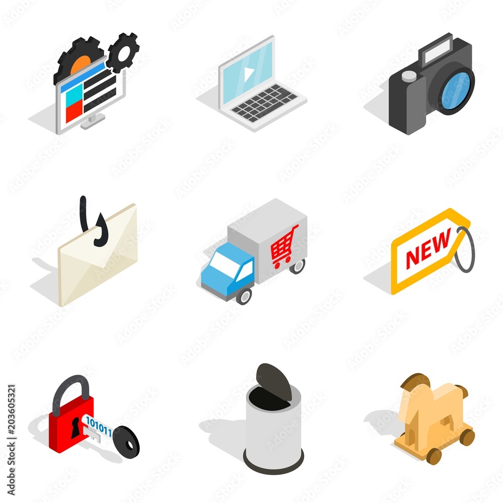 Online society icons set. Isometric set of 9 online society vector icons for web isolated on white background Online society icons set. Isometric set of 9 online society vector icons for web isolated on white background