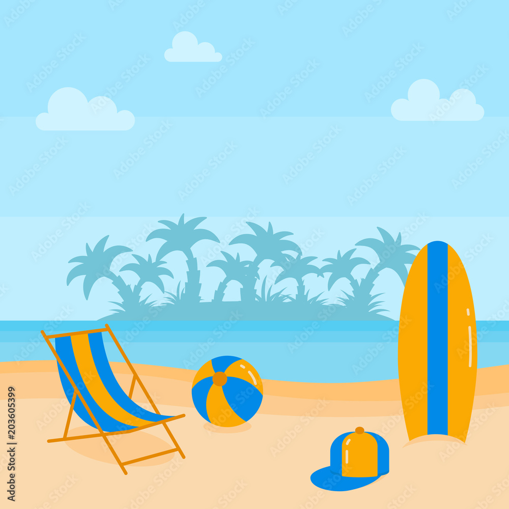 Summer beach vacation banner with lounge and holiday accessories on sand near water.