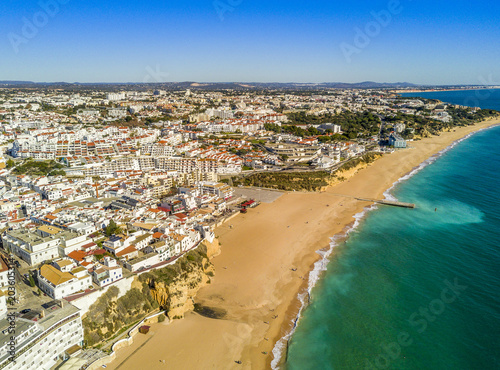 Aerial view of sandy Fishermen Beach in Albufeira, Algarve, Portugal