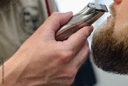Men's haircut in barbershop. Haircut of a beard in barberchoice. © callisto