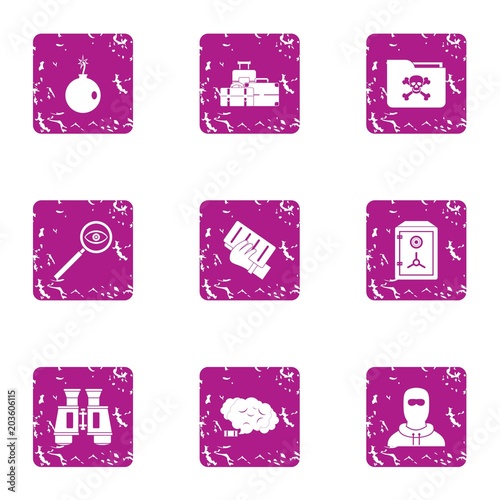 Theft icons set. Grunge set of 9 theft vector icons for web isolated on white background