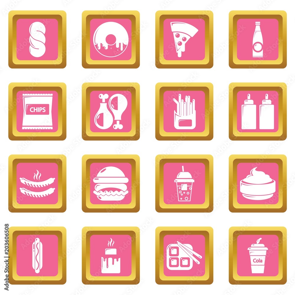 Fast food icons set vector pink square isolated on white background Fast food icons set vector pink square isolated on white background