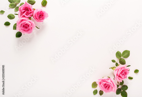 Pink roses with green leaves top view flat lay