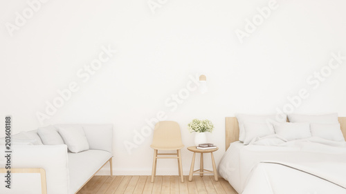 White bedroom and living area in hotel or apartment - Bedroom simple design for artwork hotel or home - 3D Rendering