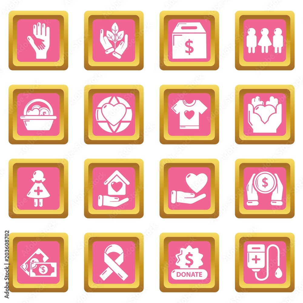 Charity icons set vector pink square isolated on white background 